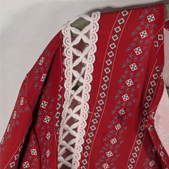 Boho Red Peasant Blouse XXL Tribal Print White Lace V-Neck Long Sleeve Top - Picture 10 of 12